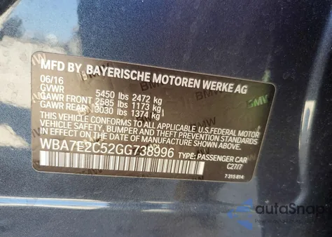 2016 BMW 740 I из США, поврежденный, VIN WBA7E2C52GG738996